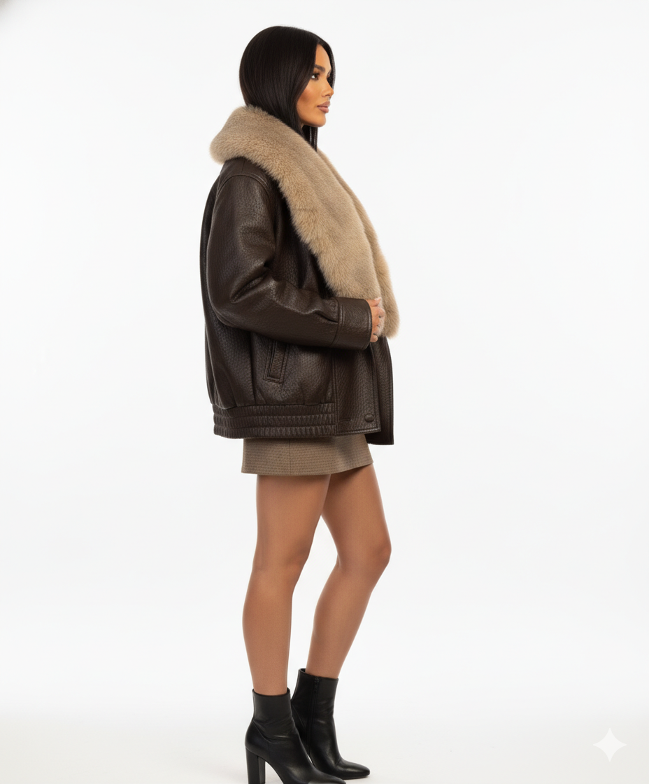 Veste en Cuir Femme Col Large – Coupe Décontractée et Style Haute Rue