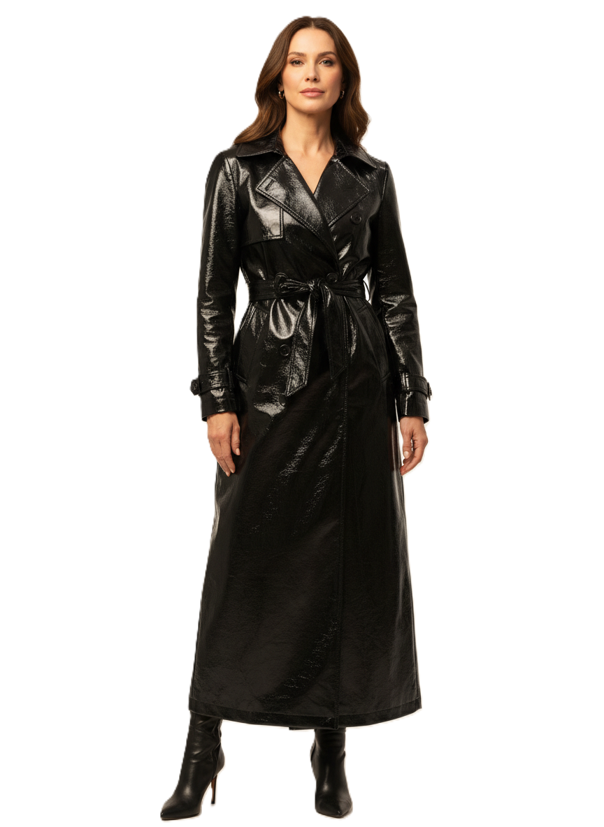 Veste en Cuir Femme Longue – Style Verni Urbain avec Capuche