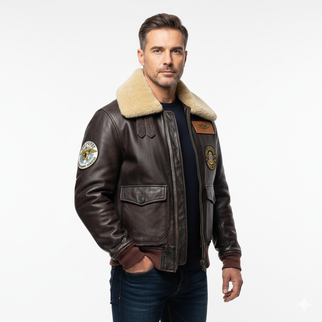 Veste en Cuir Homme Style Aviateur – Col Fourrure et Coupe Droite