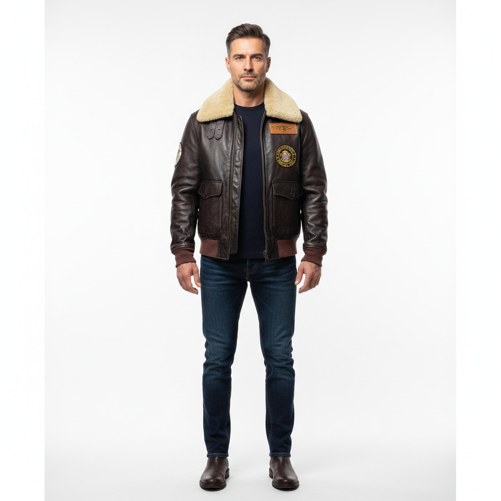 Veste en Cuir Homme Style Aviateur – Col Fourrure et Coupe Droite