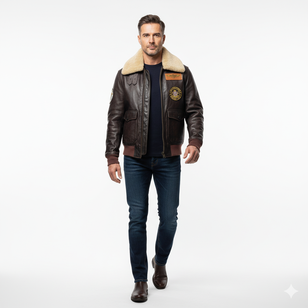 Veste en Cuir Homme Style Aviateur – Col Fourrure et Coupe Droite