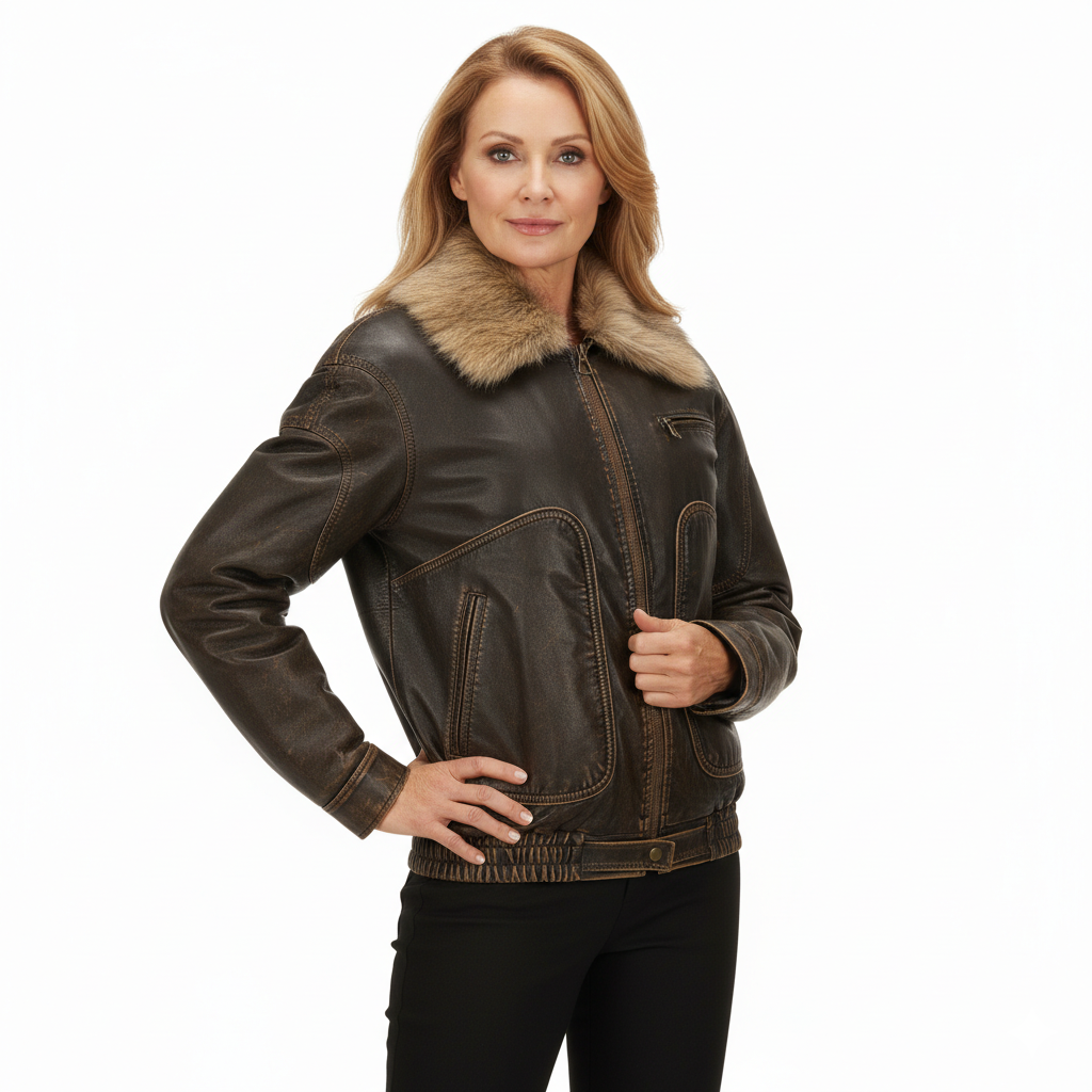 Veste en Cuir Femme Vintage – Coupe Oversize et Col Fourrure