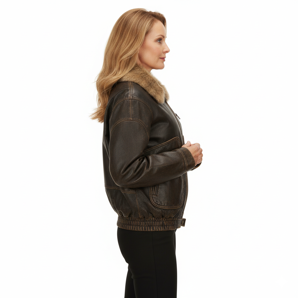 Veste en Cuir Femme Vintage – Coupe Oversize et Col Fourrure