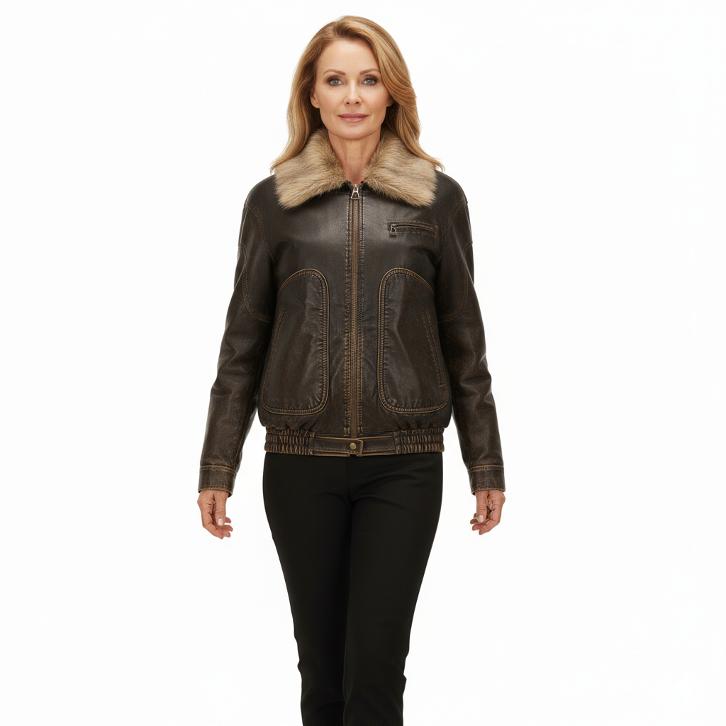 Veste en Cuir Femme Vintage – Coupe Oversize et Col Fourrure