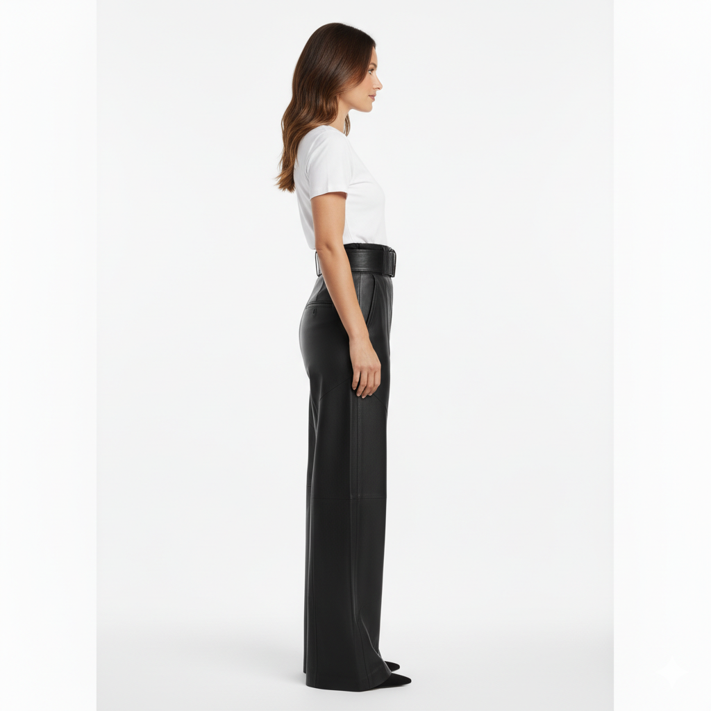 Pantalon en Cuir Femme Coupe Ample – Taille Élastique et Style Urbain