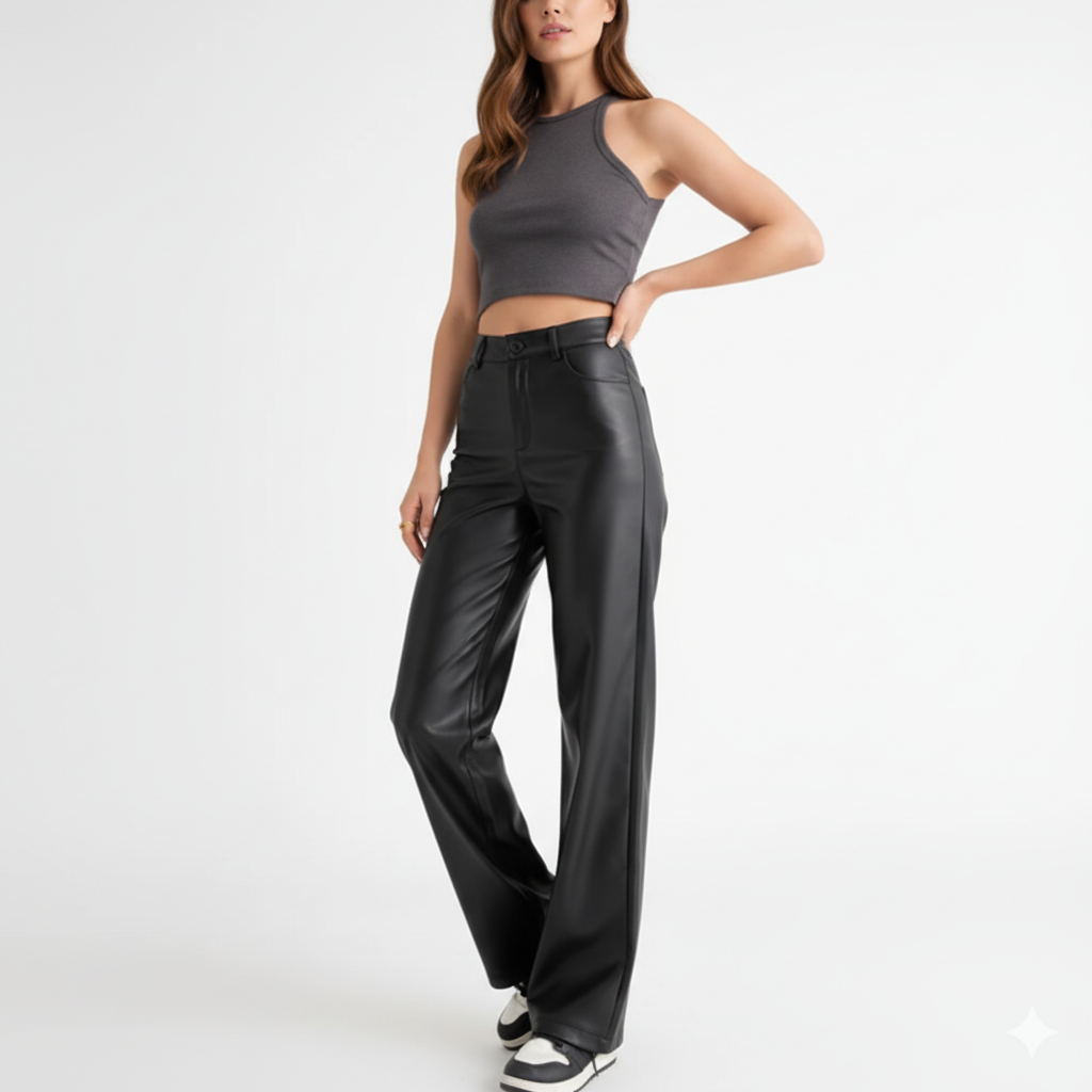 Pantalon en Cuir Femme Coupe Large – Taille Haute et Style Minimal
