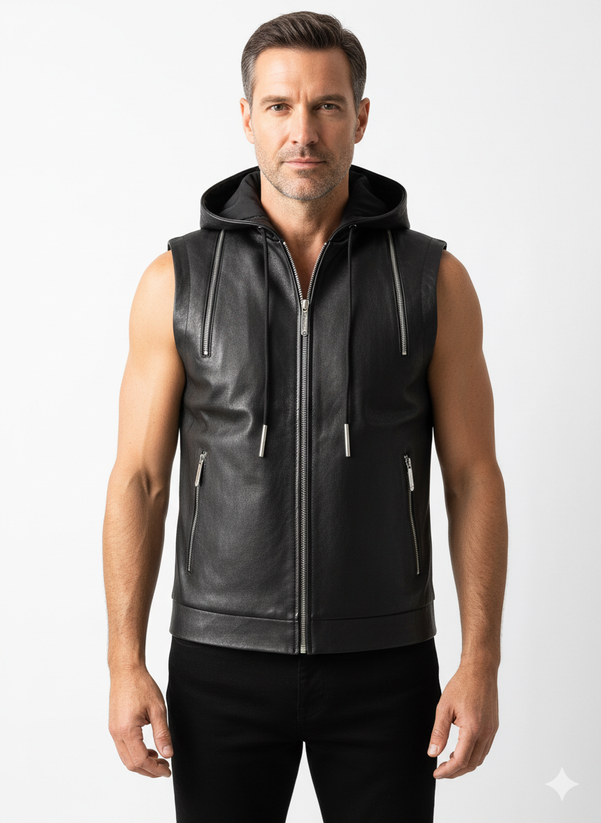 Gilet en Cuir Homme à Capuche – Sans Manches, Fermeture Zippée