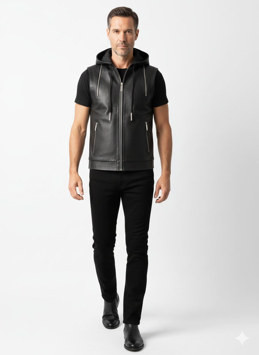 Gilet en Cuir Homme à Capuche – Sans Manches, Fermeture Zippée