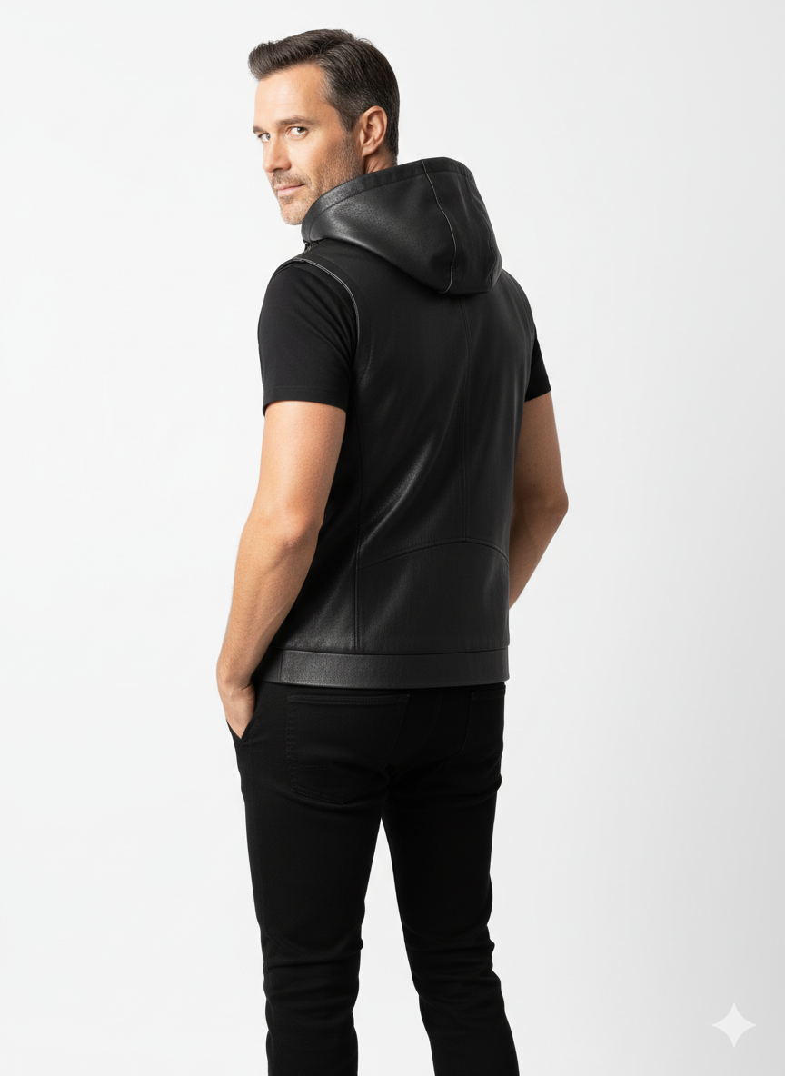 Gilet en Cuir Homme à Capuche – Sans Manches, Fermeture Zippée