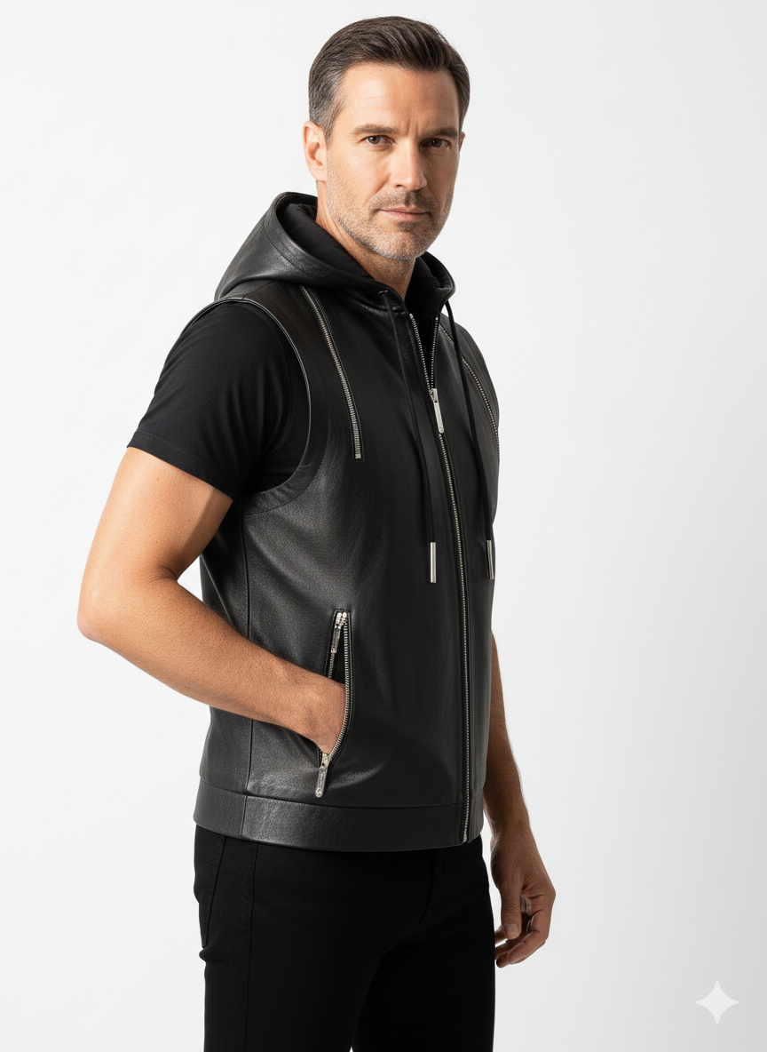 Gilet en Cuir Homme à Capuche – Sans Manches, Fermeture Zippée