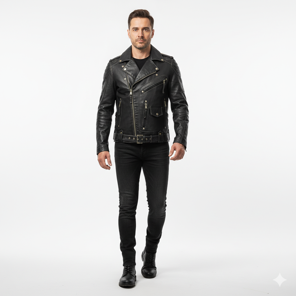Veste en Cuir Homme Style Biker – Fermeture Zippée et Poches Multiples