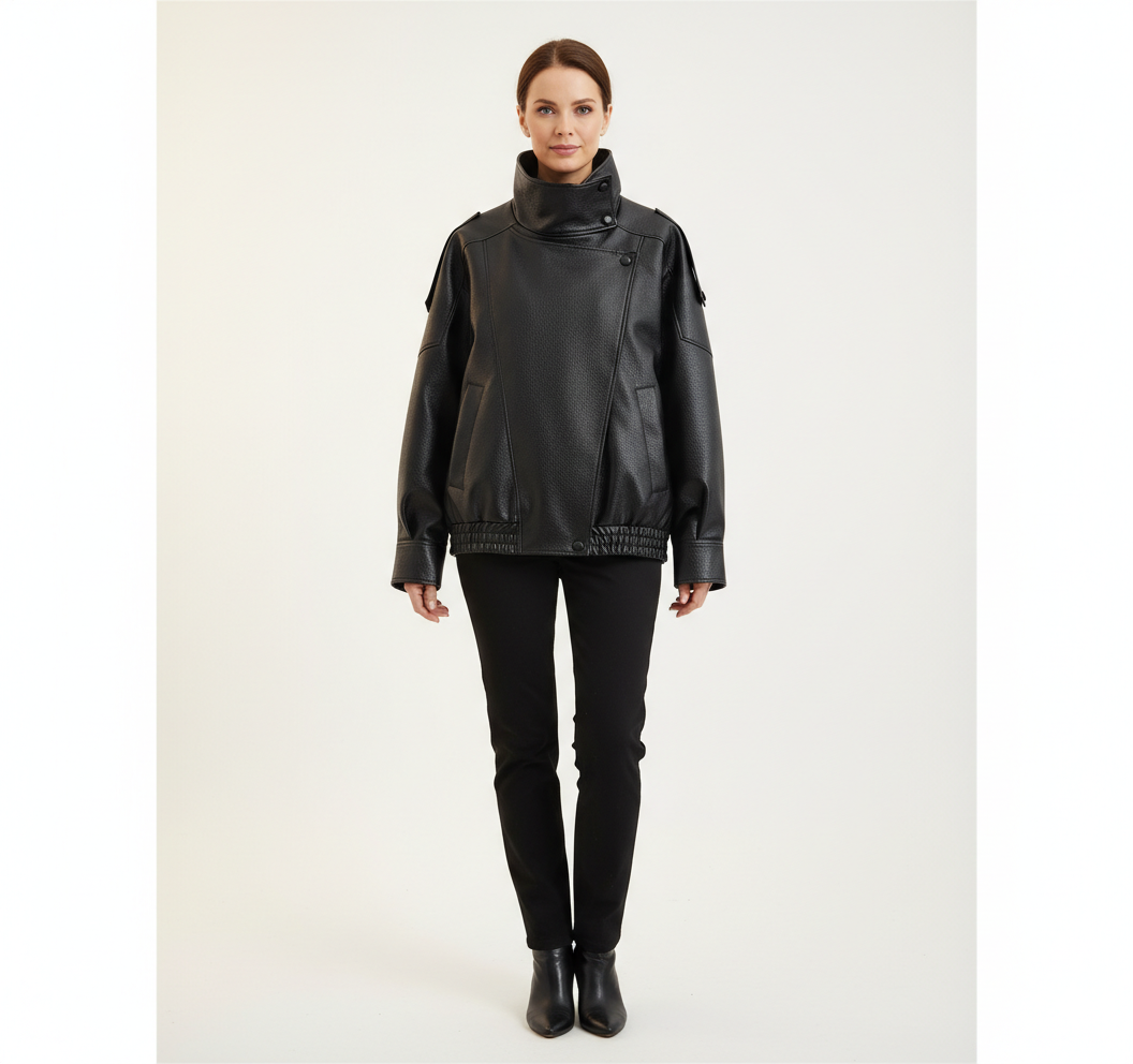 Veste en Cuir Femme Col Montant – Coupe Oversize et Style Urbain