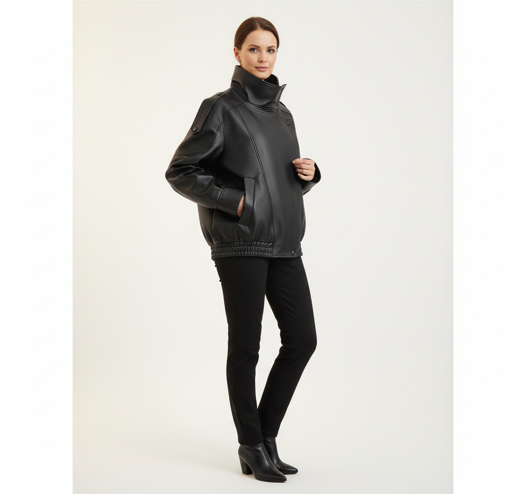 Veste en Cuir Femme Col Montant – Coupe Oversize et Style Urbain