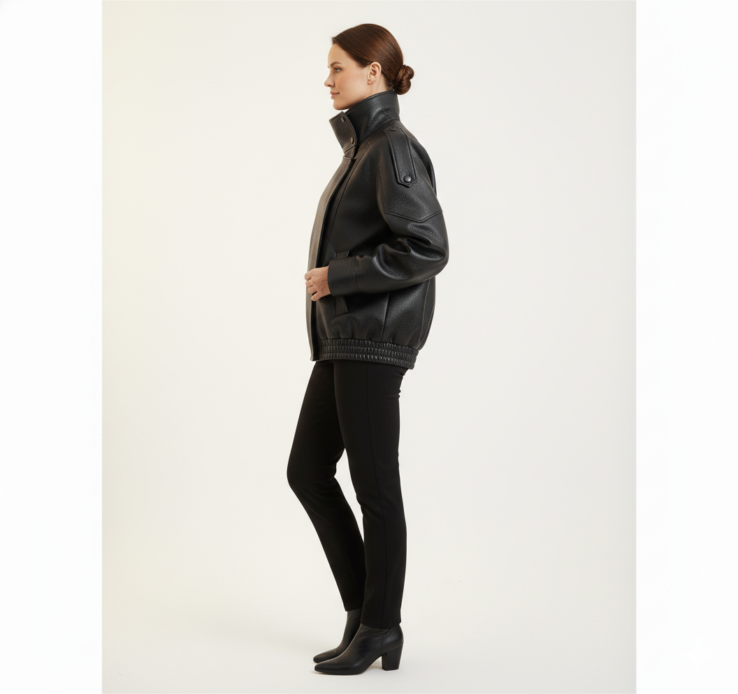 Veste en Cuir Femme Col Montant – Coupe Oversize et Style Urbain
