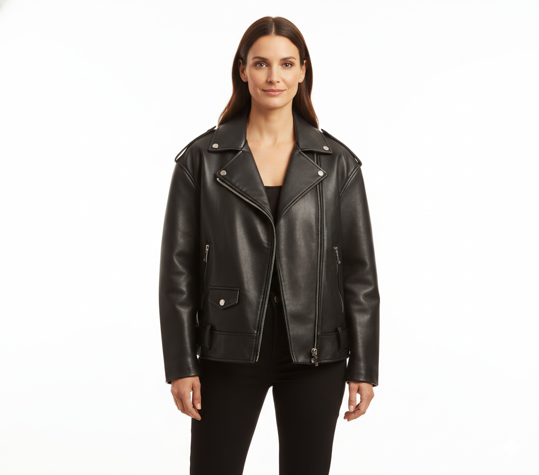 Veste en Cuir Femme Style Biker – Coupe Ample avec Ceinture