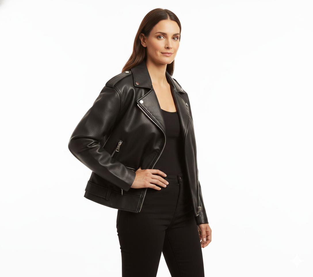 Veste en Cuir Femme Style Biker – Coupe Ample avec Ceinture