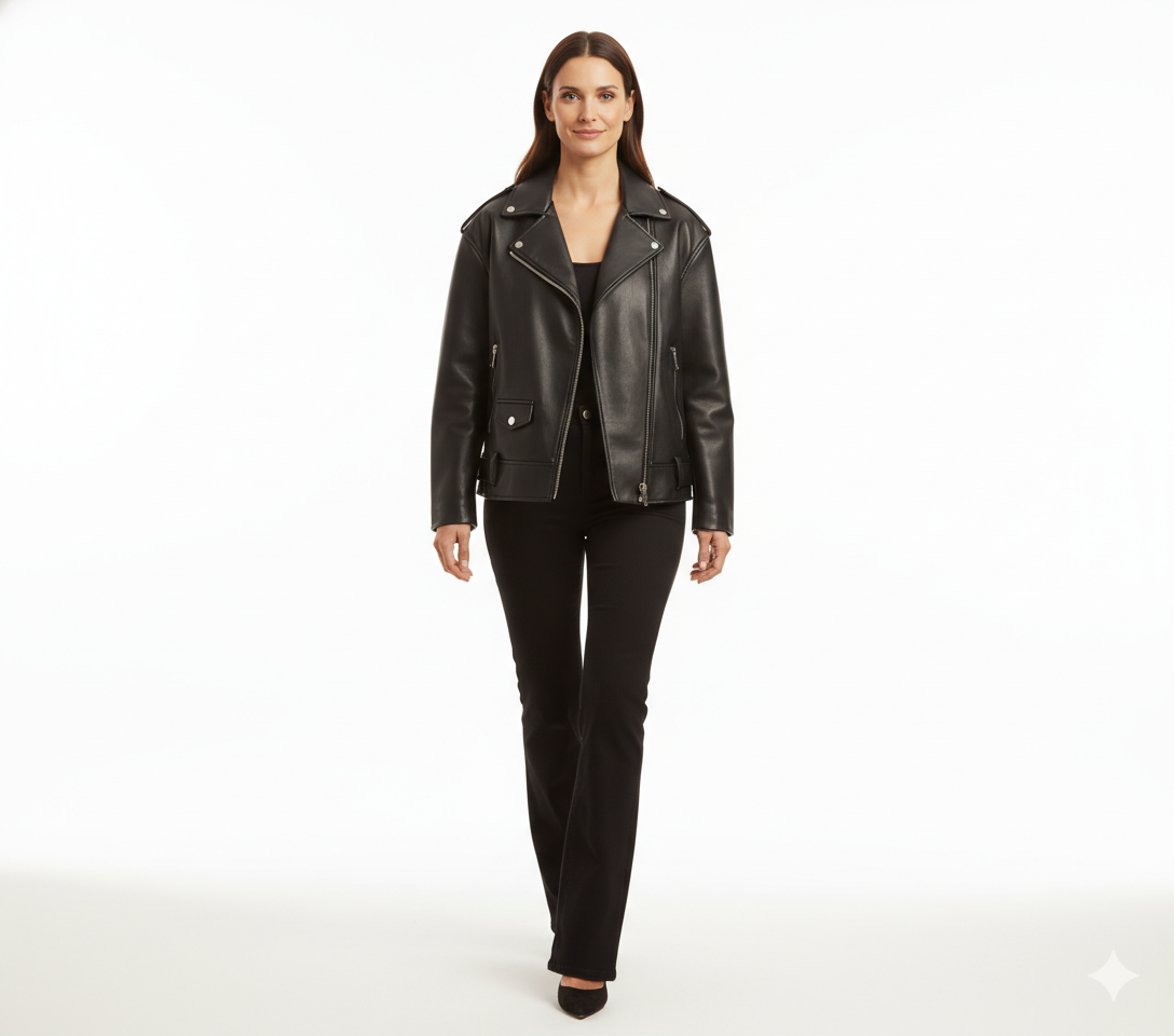 Veste en Cuir Femme Style Biker – Coupe Ample avec Ceinture