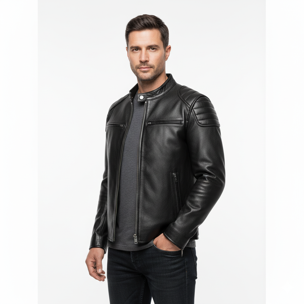 Veste en Cuir Homme Style Biker – Col Montant et Coupe Structurée