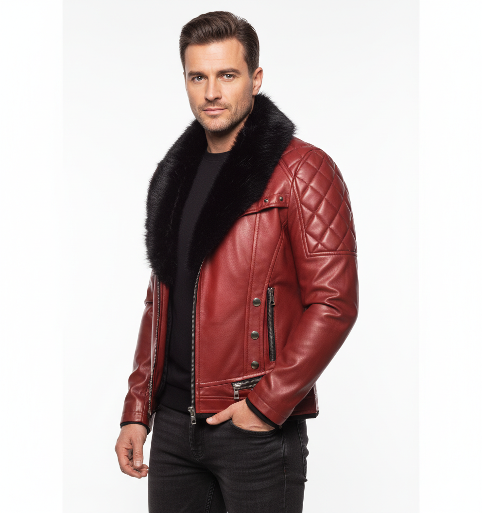 Veste en Cuir Homme Style Biker – Col Fourrure et Coupe Ajustée