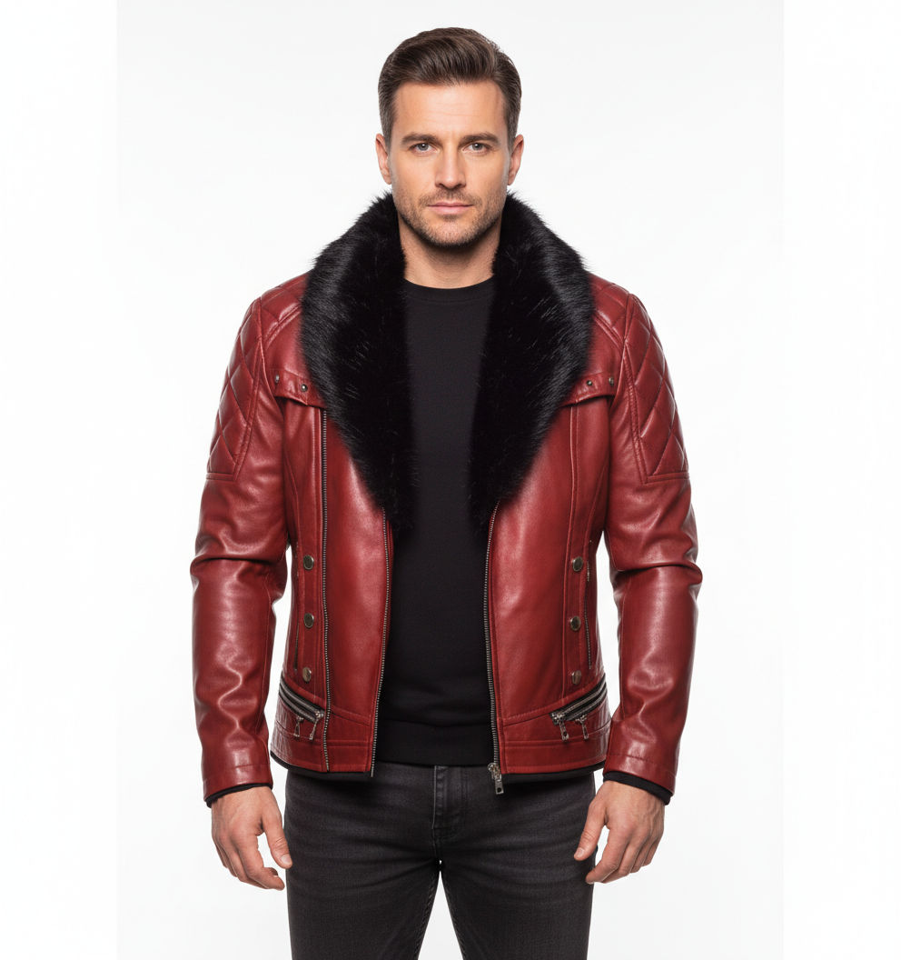 Veste en Cuir Homme Style Biker – Col Fourrure et Coupe Ajustée