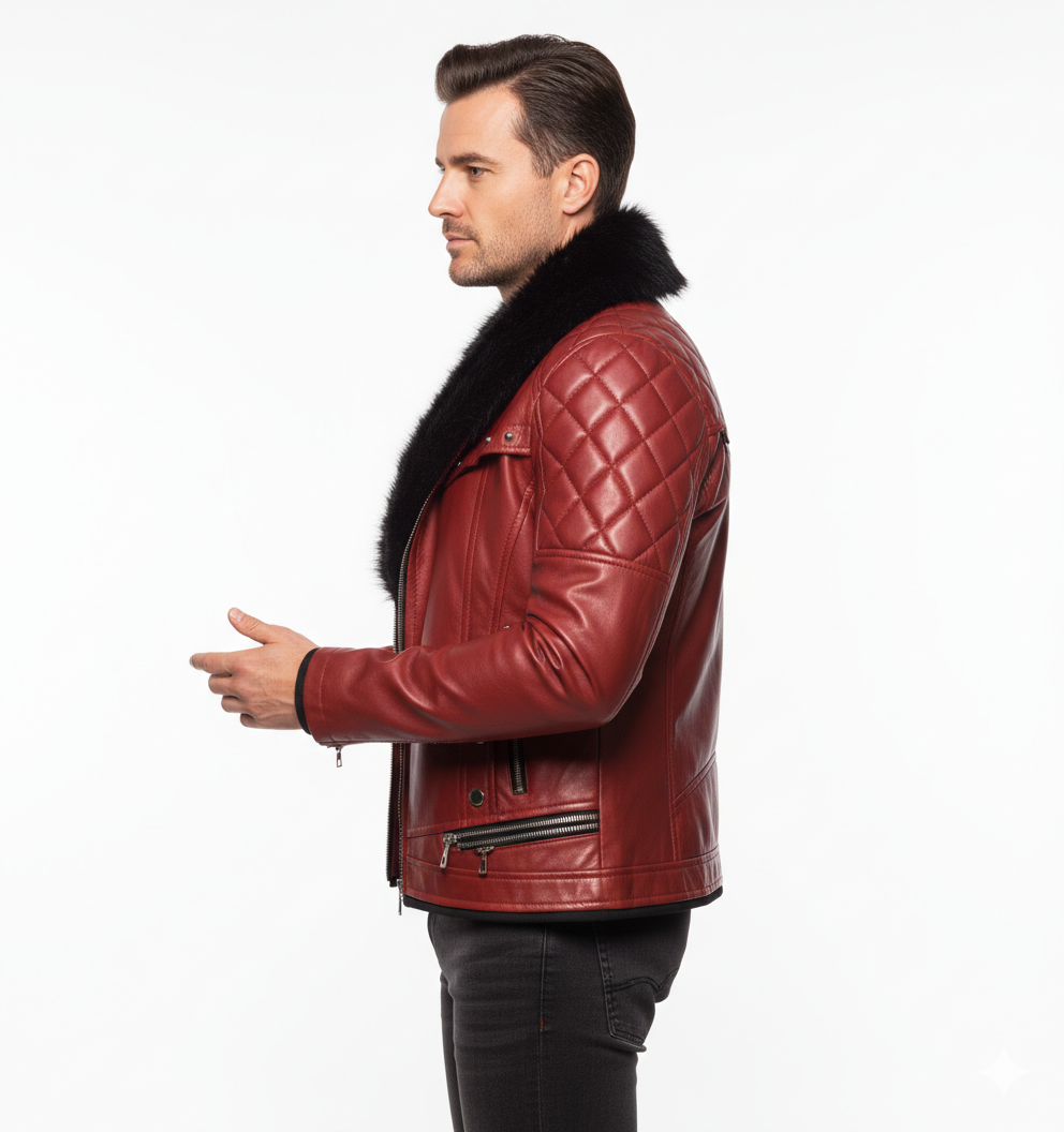 Veste en Cuir Homme Style Biker – Col Fourrure et Coupe Ajustée