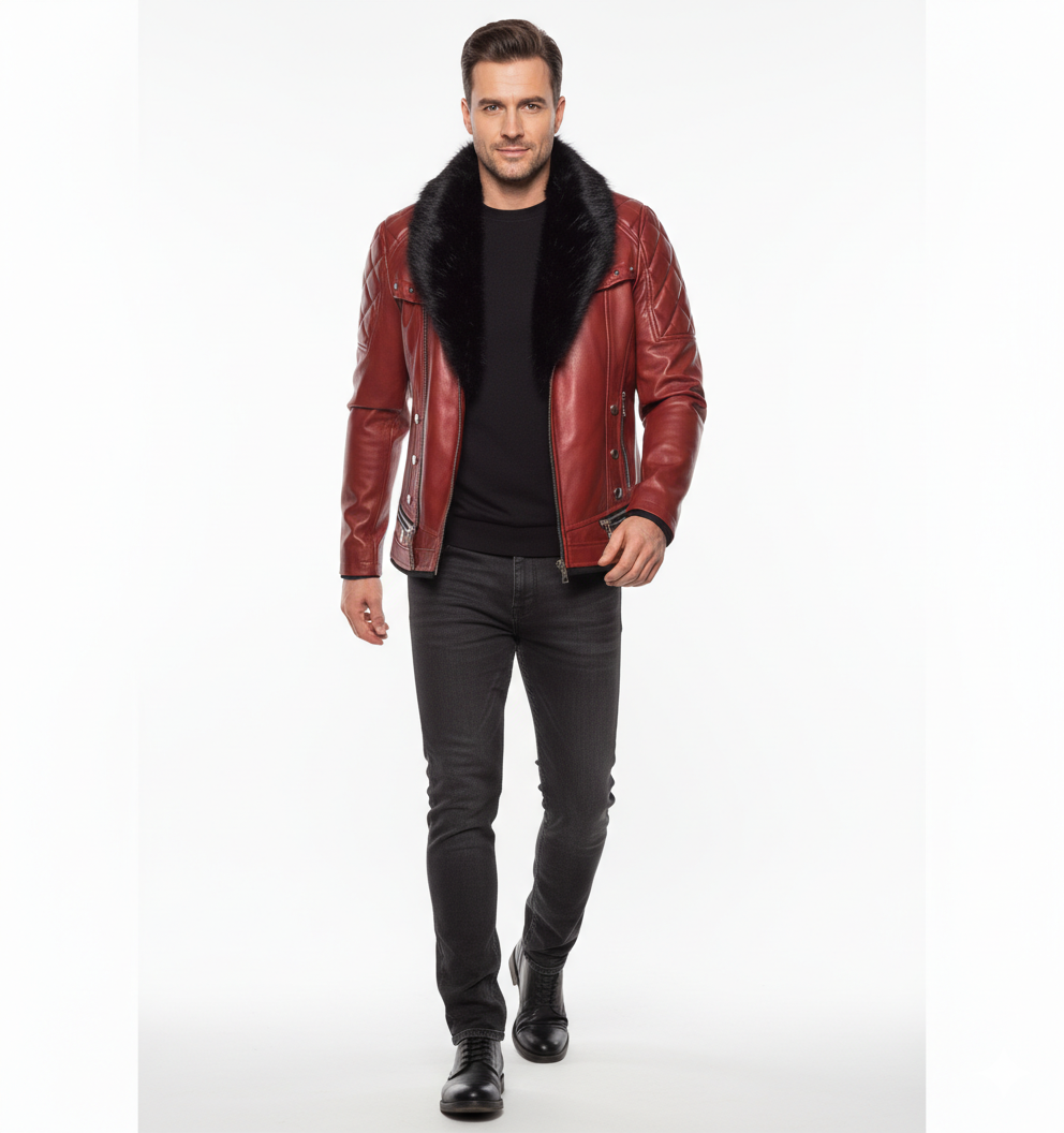 Veste en Cuir Homme Style Biker – Col Fourrure et Coupe Ajustée