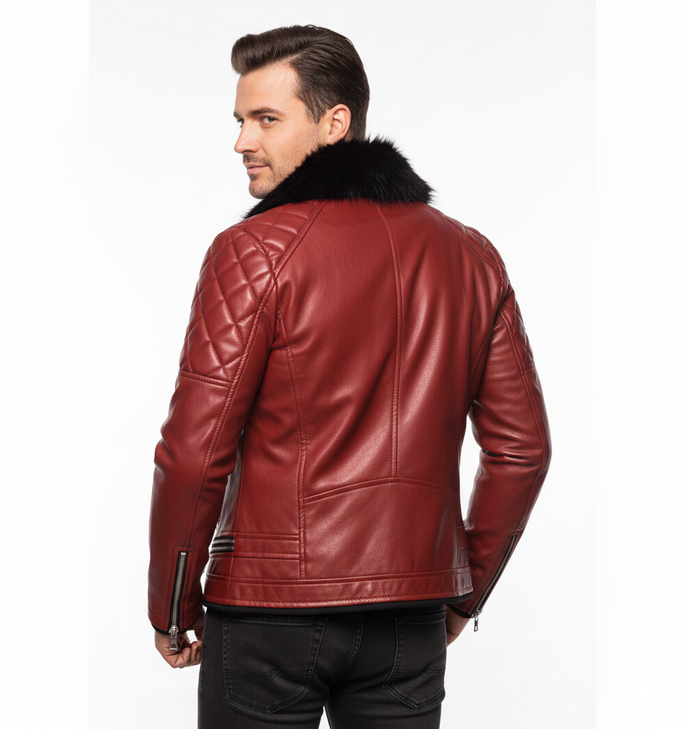 Veste en Cuir Homme Style Biker – Col Fourrure et Coupe Ajustée
