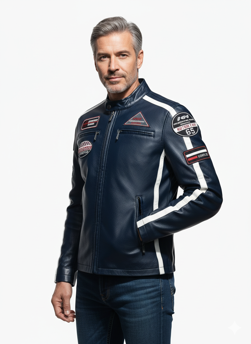 Veste en Cuir Homme Style Racing – Coupe Ajustée et Détails Contrastés