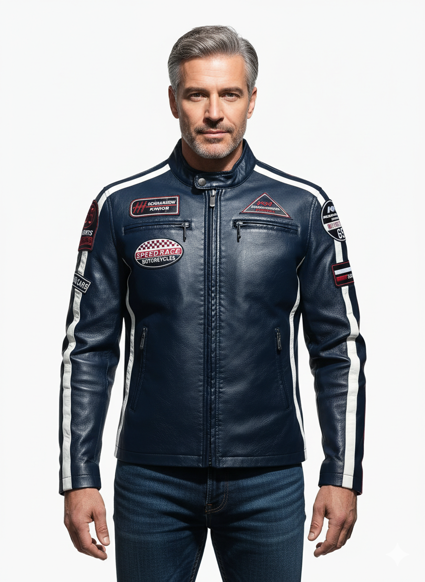 Veste en Cuir Homme Style Racing – Coupe Ajustée et Détails Contrastés