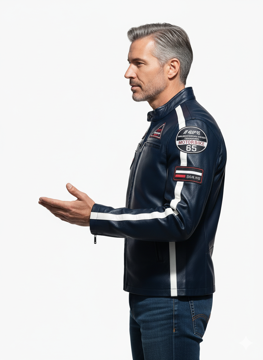 Veste en Cuir Homme Style Racing – Coupe Ajustée et Détails Contrastés