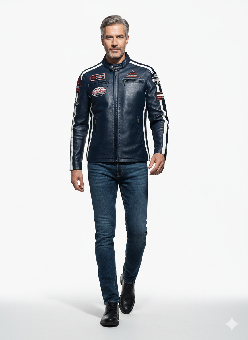 Veste en Cuir Homme Style Racing – Coupe Ajustée et Détails Contrastés
