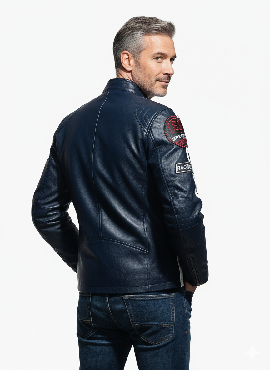 Veste en Cuir Homme Style Racing – Coupe Ajustée et Détails Contrastés