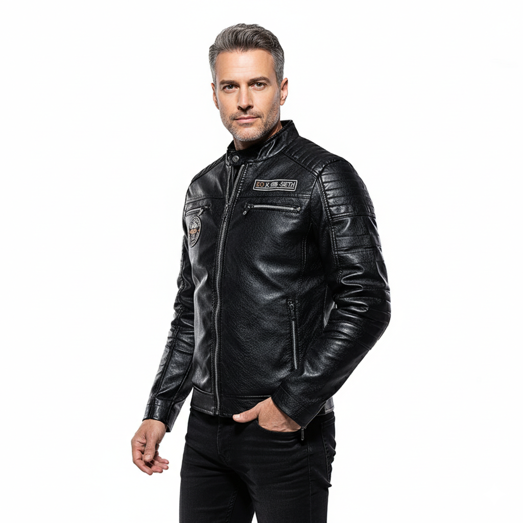 Veste en Cuir Homme Style Biker – Coupe Ajustée et Col Montant