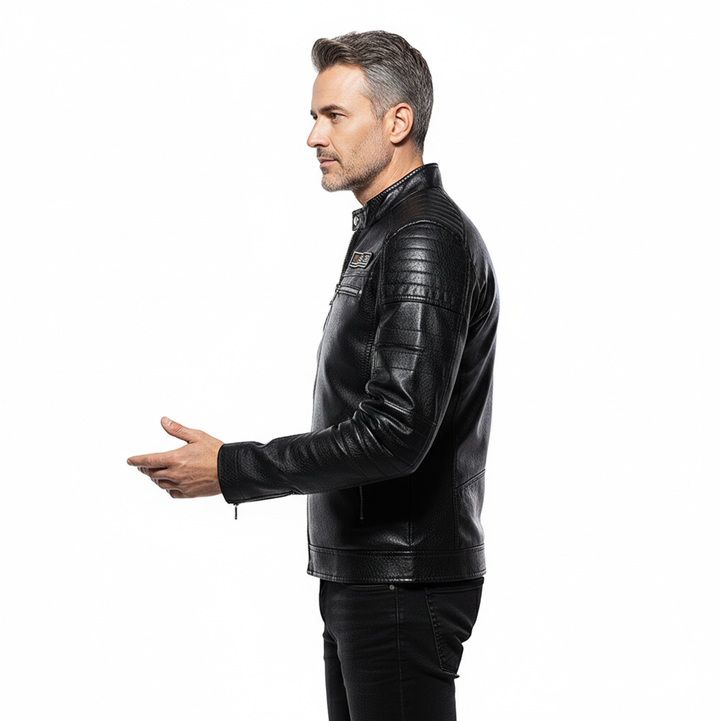 Veste en Cuir Homme Style Biker – Coupe Ajustée et Col Montant