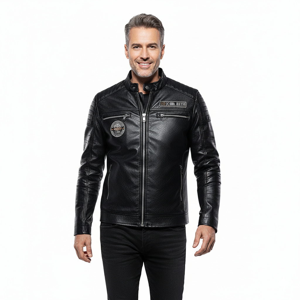 Veste en Cuir Homme Style Biker – Coupe Ajustée et Col Montant