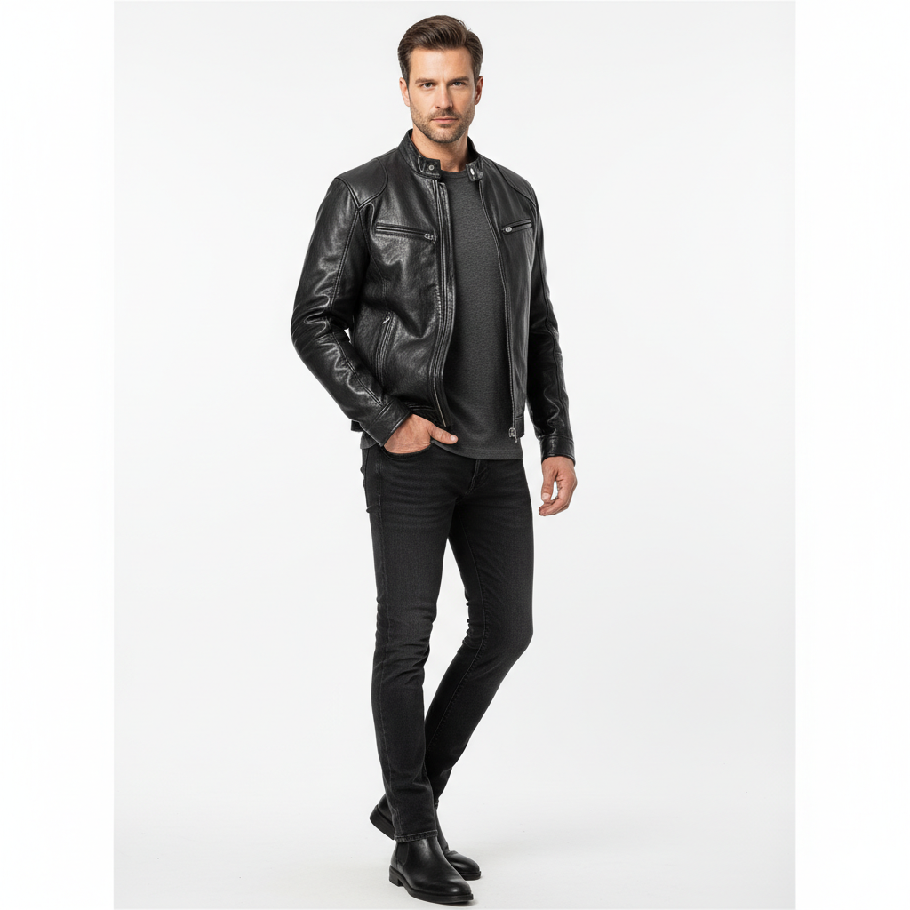 Veste en Cuir Homme Style Moto – Coupe Ajustée et Col Officier