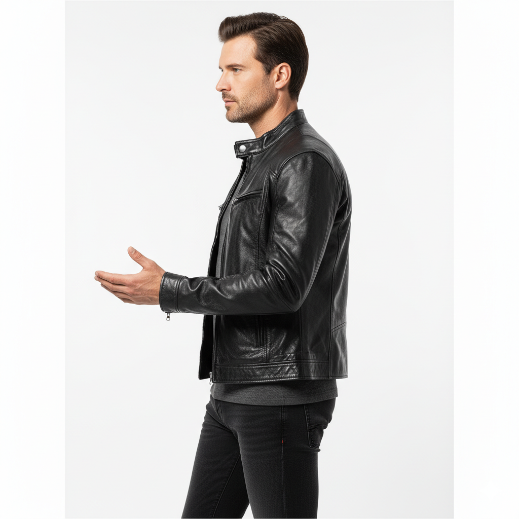 Veste en Cuir Homme Style Moto – Coupe Ajustée et Col Officier