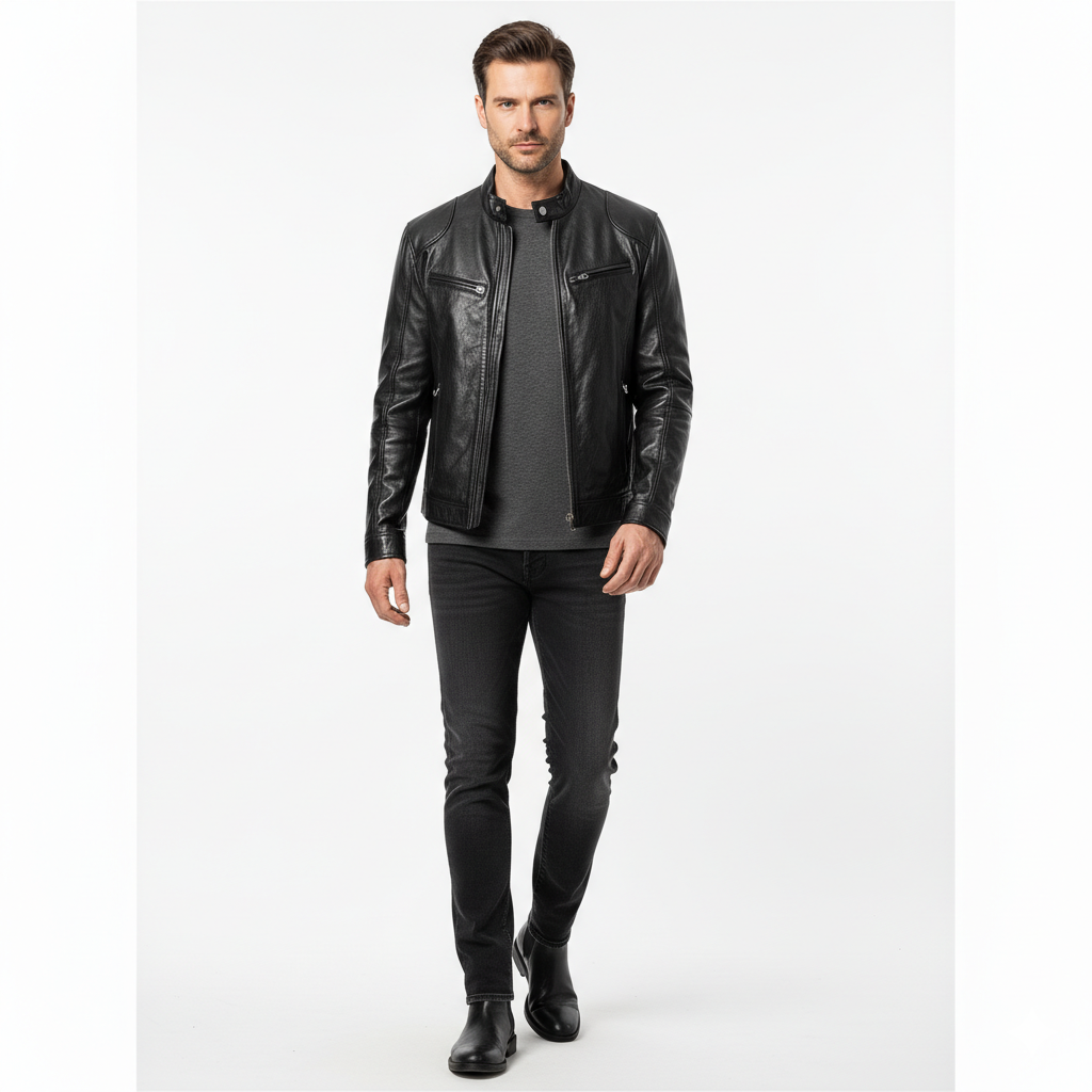 Veste en Cuir Homme Style Moto – Coupe Ajustée et Col Officier