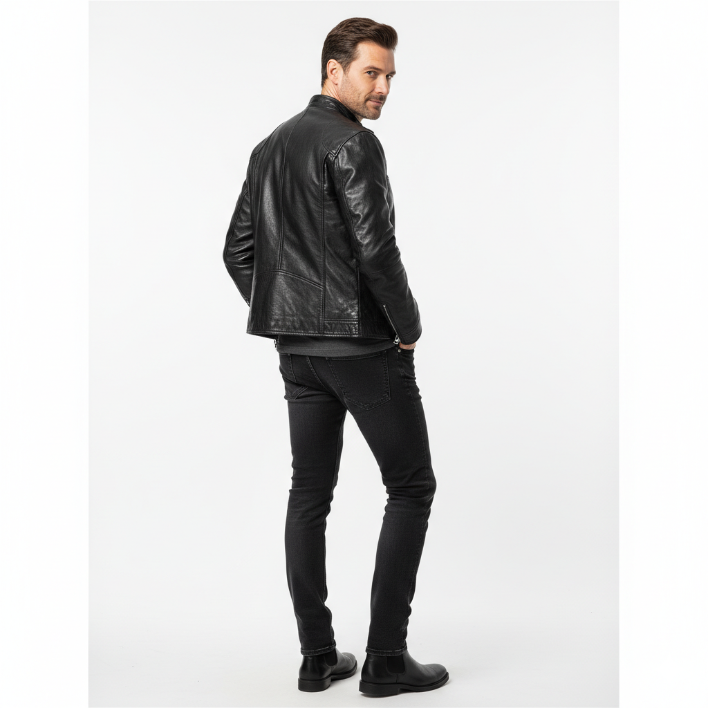 Veste en Cuir Homme Style Moto – Coupe Ajustée et Col Officier