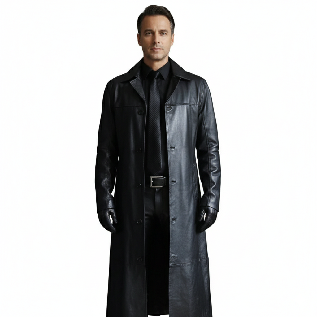 Veste en Cuir Homme Longue – Style Trench Urbain et Coupe Droite
