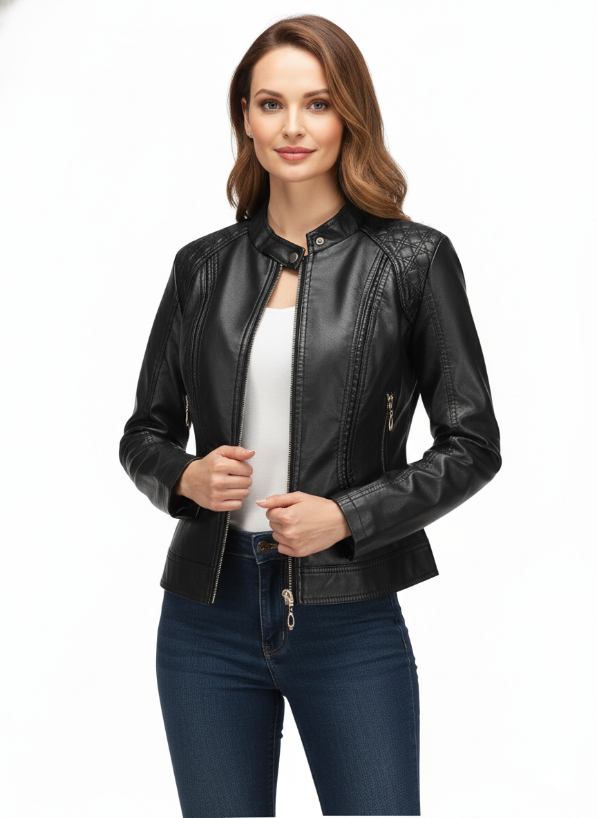 Veste en Cuir Femme Col Montant – Coupe Ajustée et Style Urbain