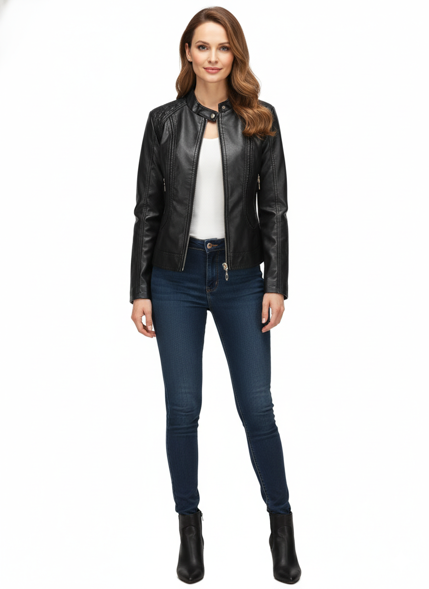 Veste en Cuir Femme Col Montant – Coupe Ajustée et Style Urbain
