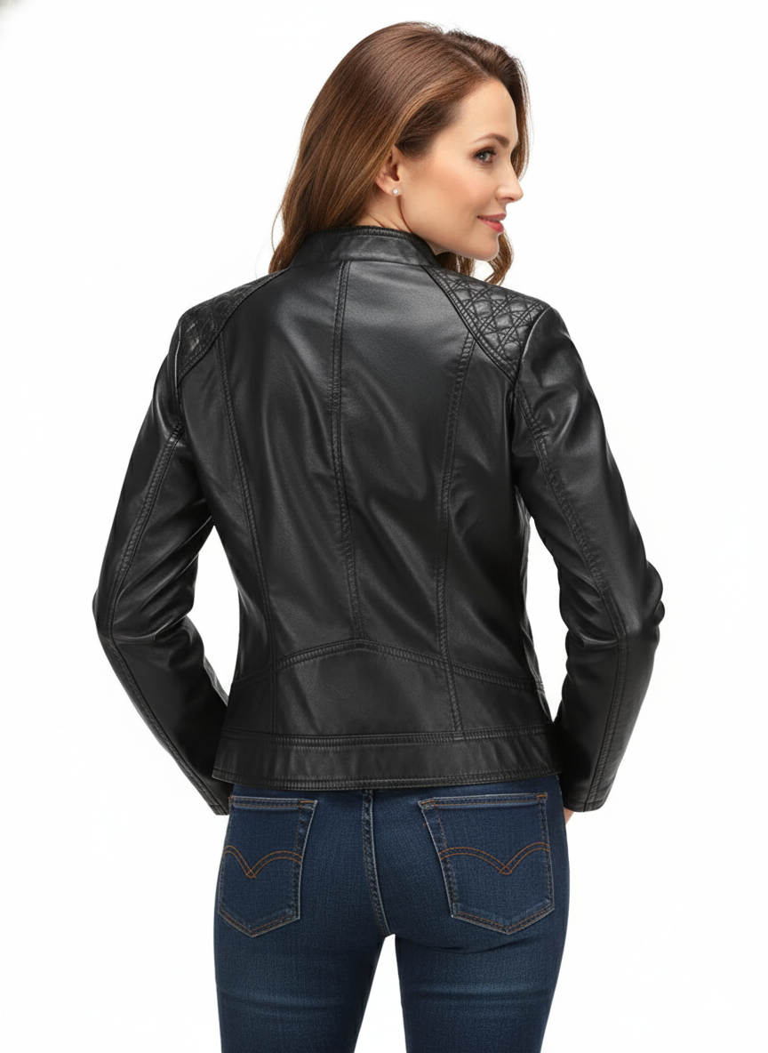Veste en Cuir Femme Col Montant – Coupe Ajustée et Style Urbain