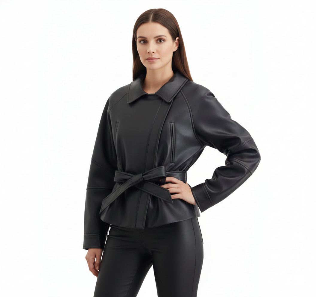 Veste en Cuir Femme Style Trench – Coupe Ajustée avec Ceinture