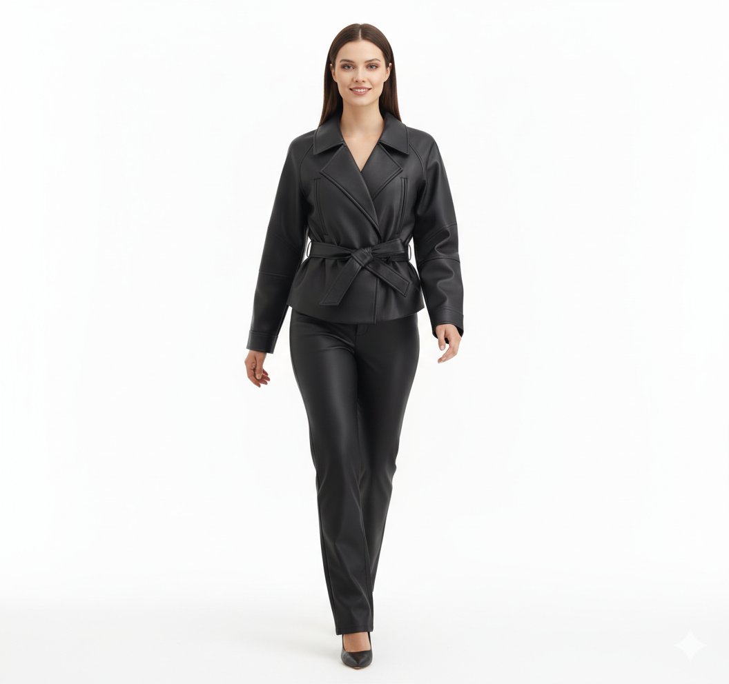 Veste en Cuir Femme Style Trench – Coupe Ajustée avec Ceinture