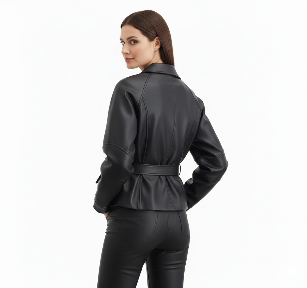 Veste en Cuir Femme Style Trench – Coupe Ajustée avec Ceinture