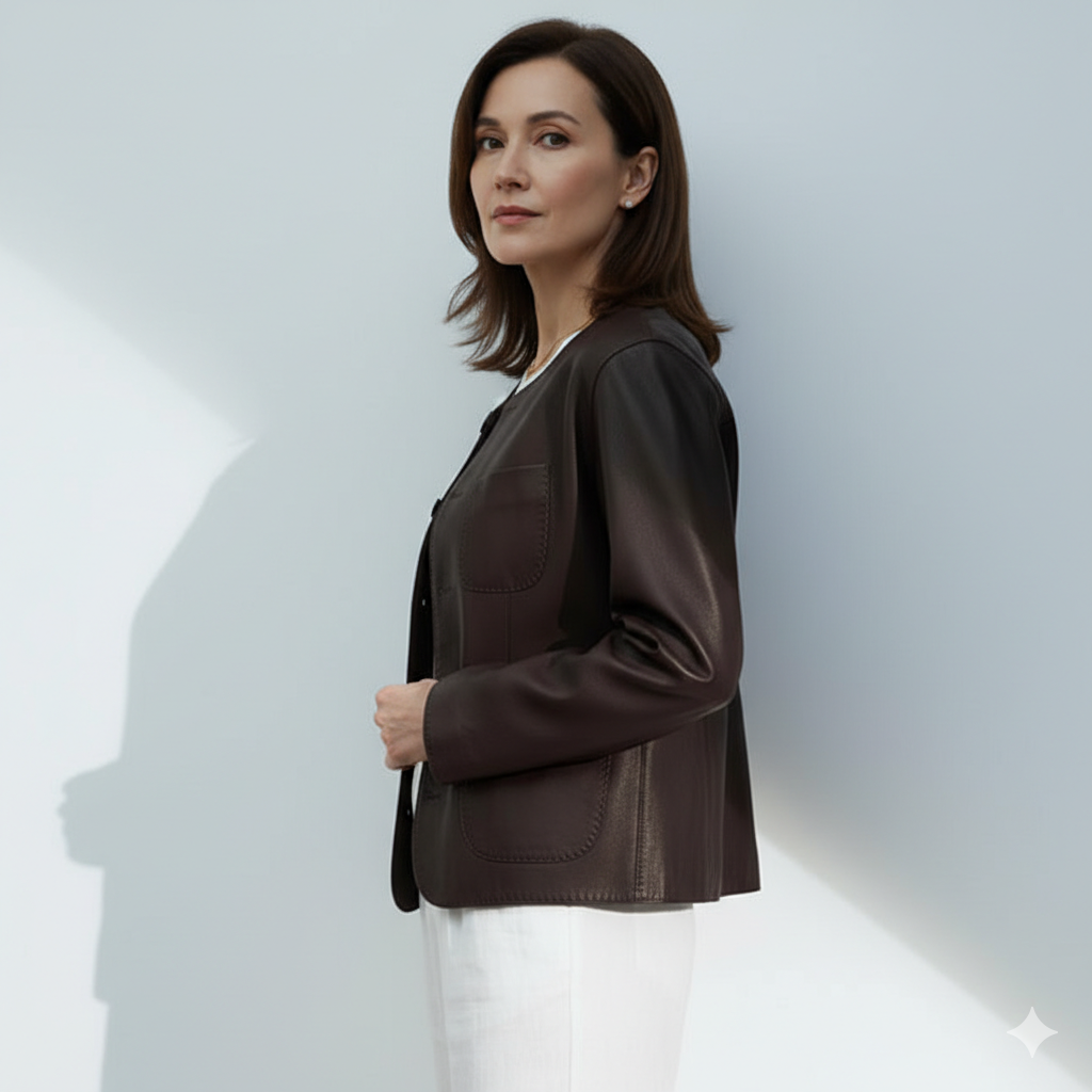 Veste en Cuir Femme Élégante – Coupe Droite et Col Rond Boutonné