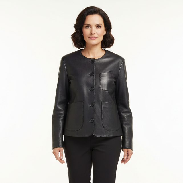 Veste en Cuir Femme Élégante – Coupe Droite et Col Rond Boutonné