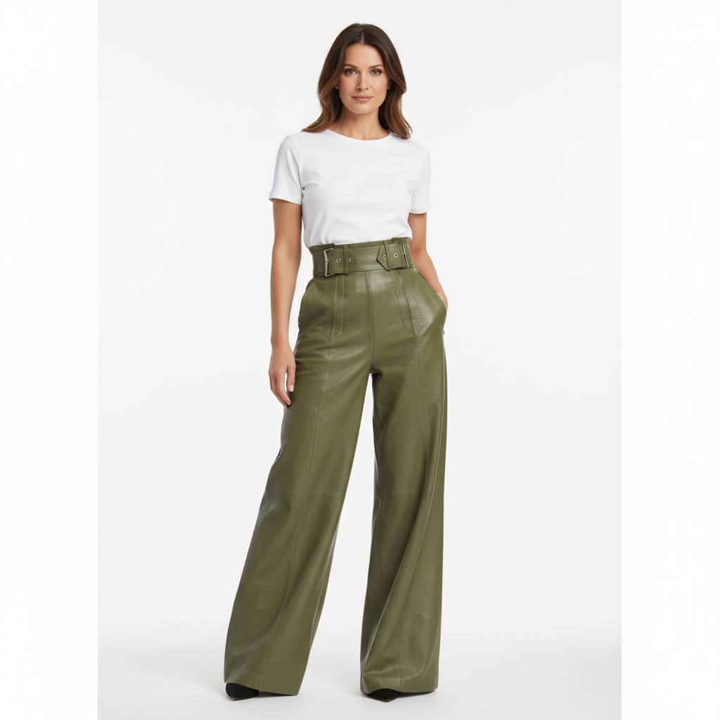 Pantalon en Cuir Femme Taille Haute – Coupe Large et Style Urbain