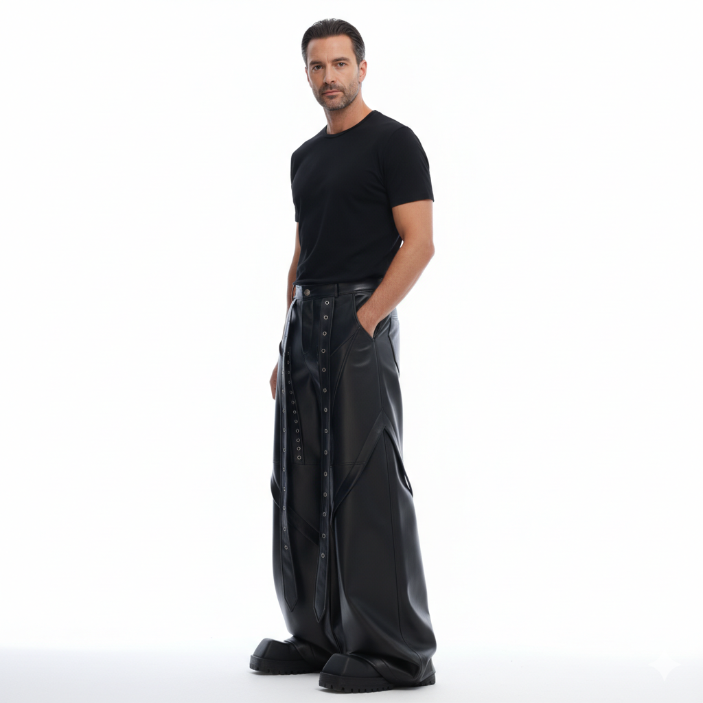 Pantalon en Cuir Homme Coupe Baggy – Taille Haute et Style Streetwear